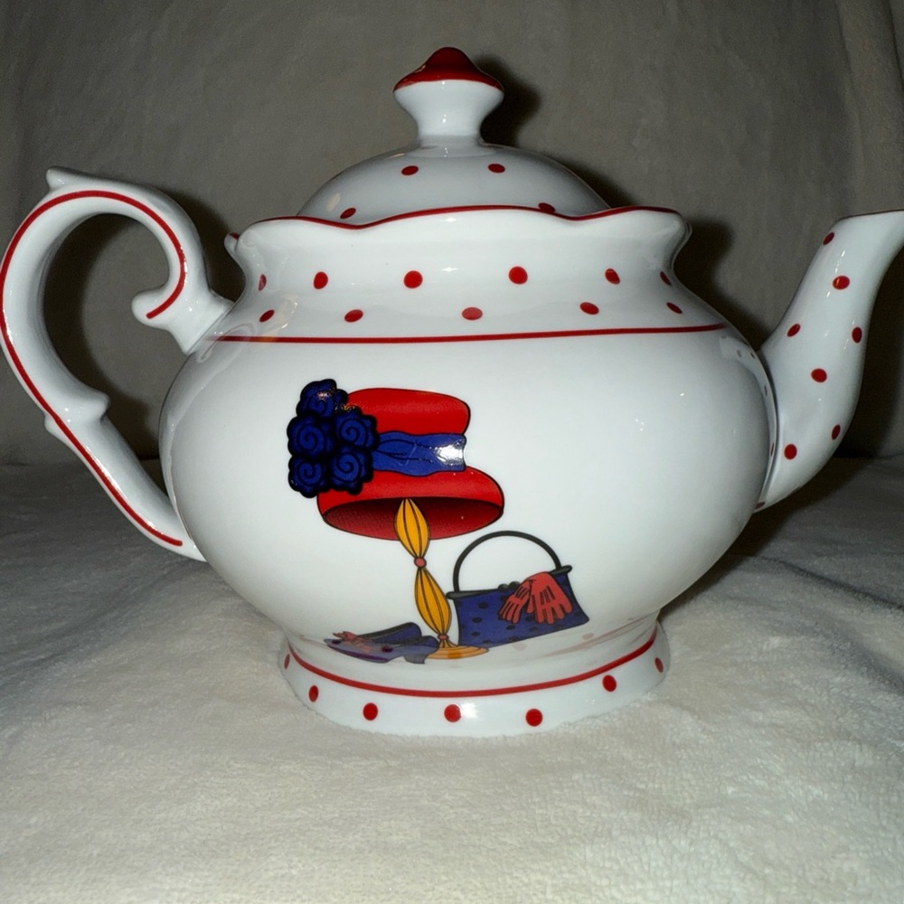 A Special Place Red Hat Society White Porcelain Tea Pot Hat Gloves Shoes Purse